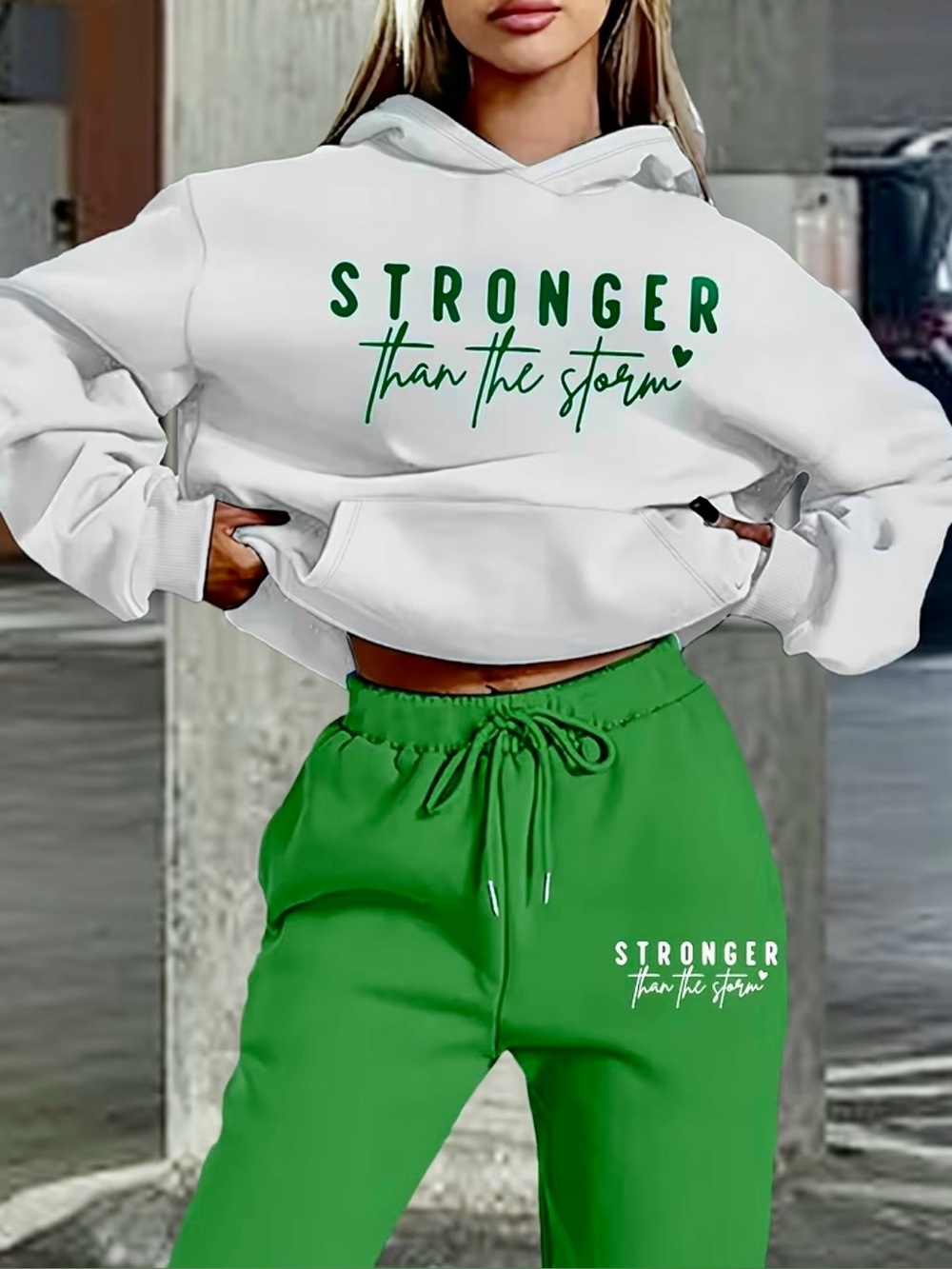 White & Green 'Stronger Than the Storm' Women's Hoodie Set